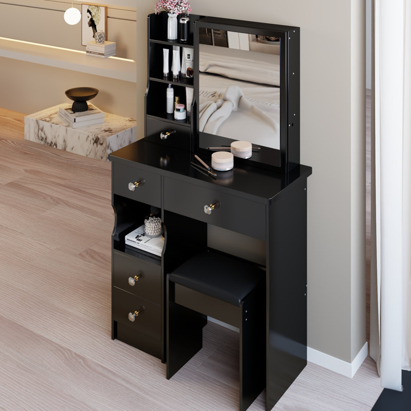 Meuble-lavabo de 50,4 po de hauteur avec tiroir gauche, miroir coulissant droit et tabouret rembourré de 50,4 po de hauteur, noir pour les petits espaces, rangement multicouche