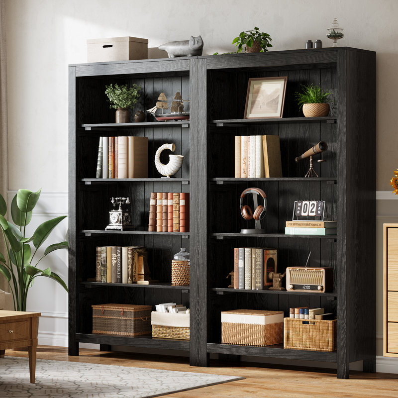 Rustic Solid Wood 5-Shelf Bookcase - Farmhouse Style Open Storage Shelving Unit For Living Room/Office, Black