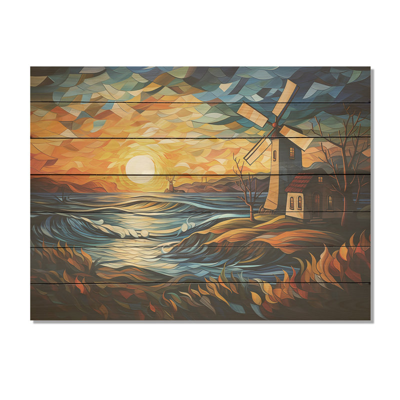 Windmill Sunset Coastal Breeze I - Éoliennes sur bois, H 10 po x l 20 po x P 0,78 po