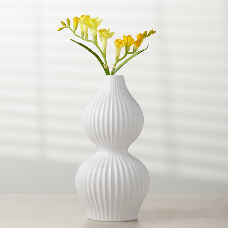 Liubomila 10" Ribbed White Ceramic Vase, White, 10" H x 5.25" W x 5.25" D