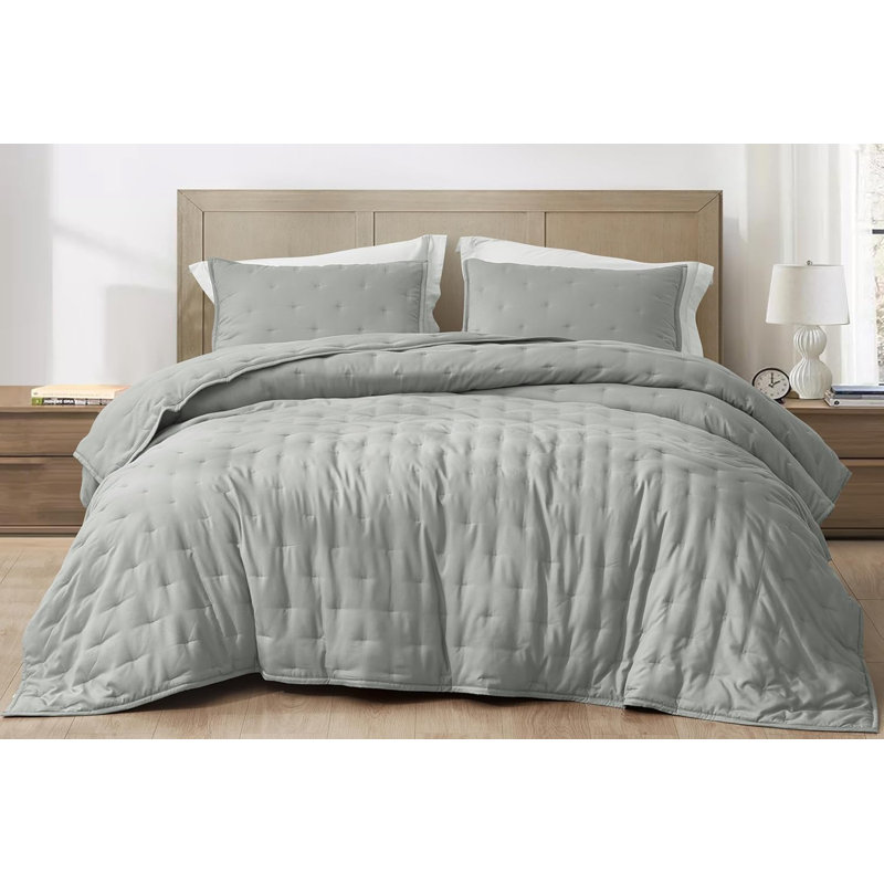 Glen Lightweight Cooling Rayon Derived from Bamboo Blended Crescent Quilt Set, King Quilt + 2 King Shams, Light Gray