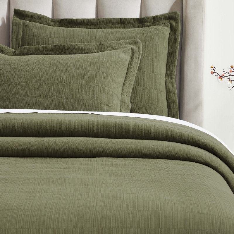 Kayda Zenith Cotton Medium Weight Textured Modern Geometric Matelasse Bedspread And Sham Set By, Green