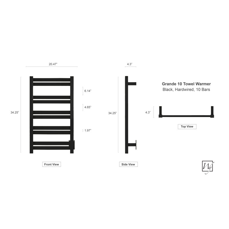 Grande 10-Bar Black Stainless Steel Wall-Mounted Towel Warmer