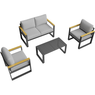 Ensemble de conversation de patio 4 pièces en aluminium avec table basse, ensemble de canapé d'extérieur 4 places avec coussins lavables pour balcon, jardin, terrasse, cour