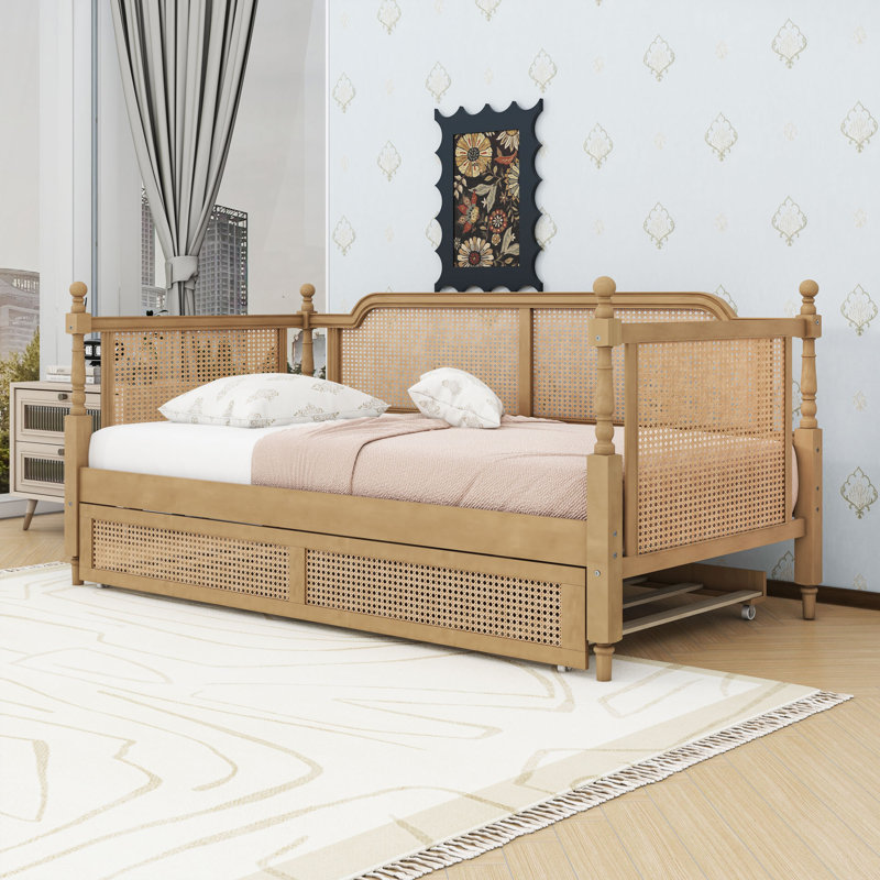 Daybed with Sturdy Wood Construction and Under Bed Trundle, Full/Double, Antique Walnut