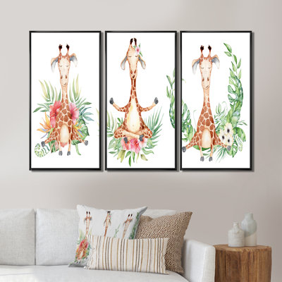 Dessin de girafe avec fleurs tropicales I - Art pour enfants, ensemble de 3 toiles encadrées