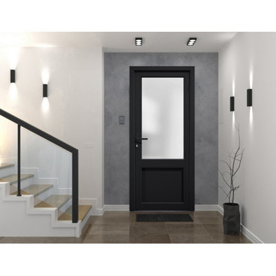 Porte d'entrée extérieure prémontée en fibre de verre, verre dépoli, Manux 8422, noir mat, pour bureaux, commerces et habitations. Porte d'entrée, patio, garage - L 91,4 cm x H 203,2 cm - Ouverture à gauche vers l'intérieur.
