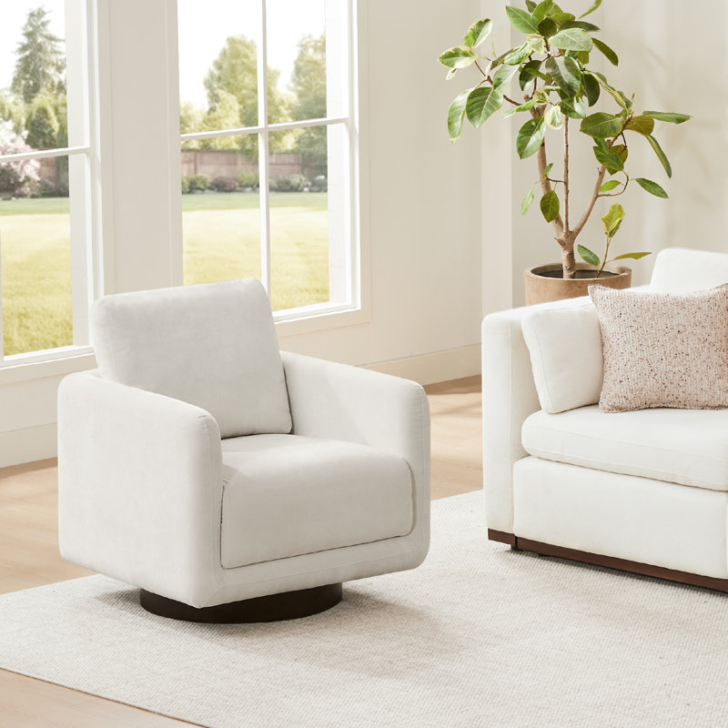Assiatou 30'' W Upholstered Swivel Armchair With Wooden Base, Oatmeal Performance Weave