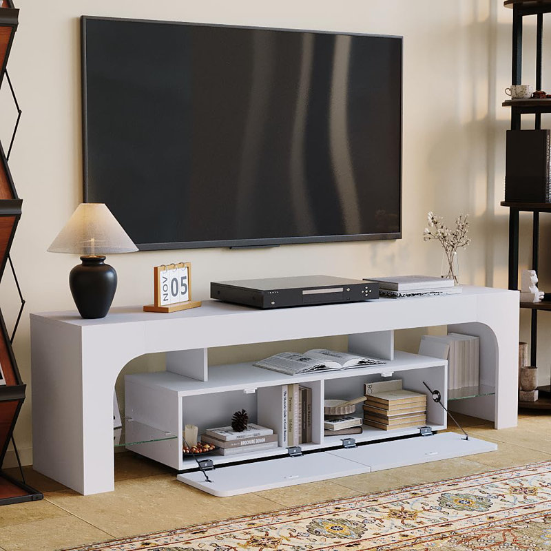 Meuble télé 63 po, meuble télé avec 2 tiroirs et tablette ouverte, Blanc