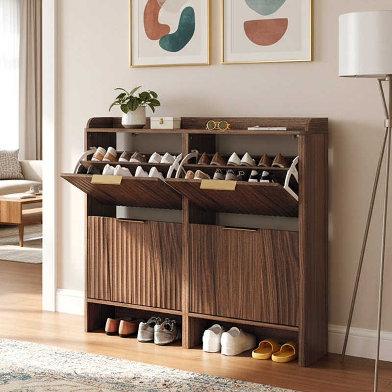 42.9 Inch Slatted Style 4 Flip Door Shoe Cabinet With Tabletop Baffle, Walnut
