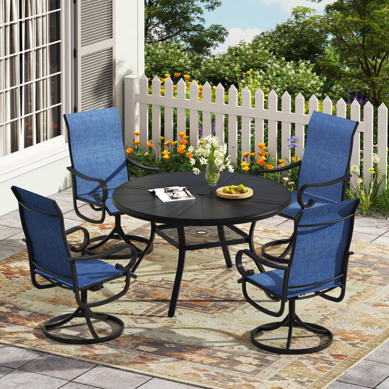 4-Person Outdoor Round Dining Set With Swivel Chairs, Black/Blue
