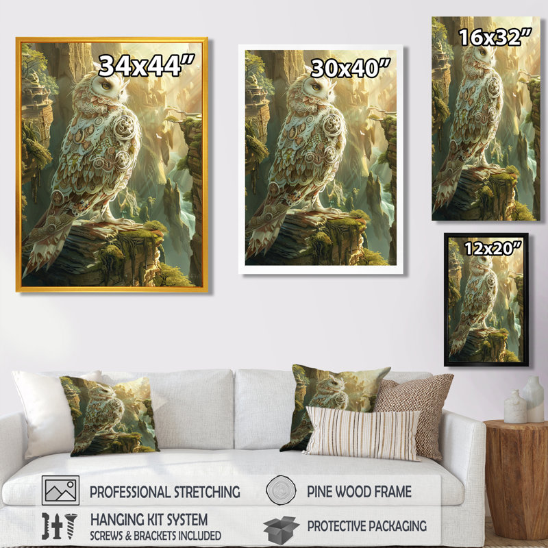 Hibou blanc majestueux dans les montagnes, Toile flottante noire encadrée, H 40 po x l 30 po