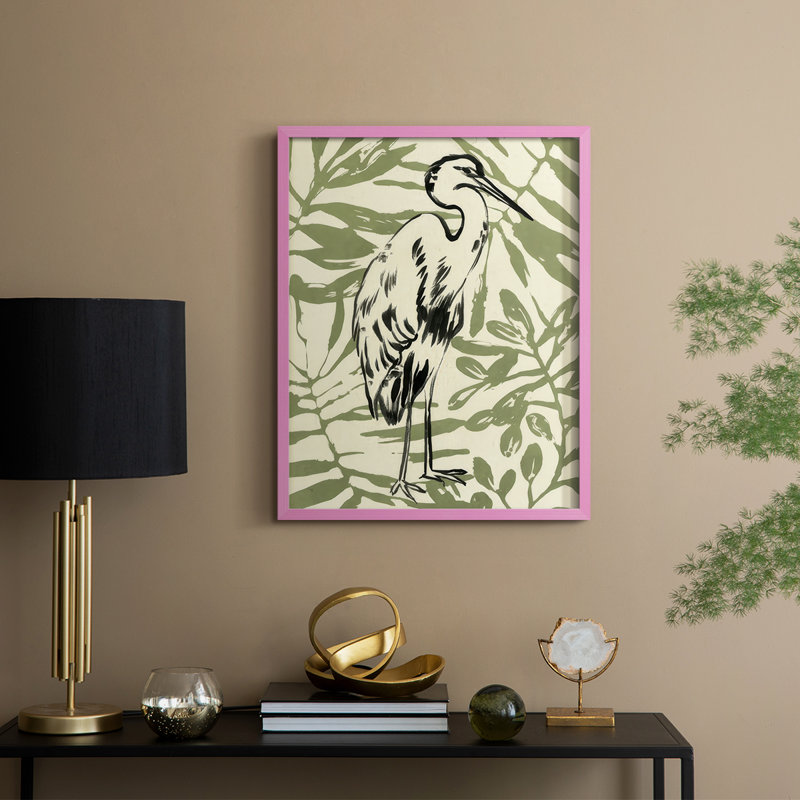 Retro Parlour Heron III Framed Print - Solid Wood, H 21 po x l 17 po, Rose