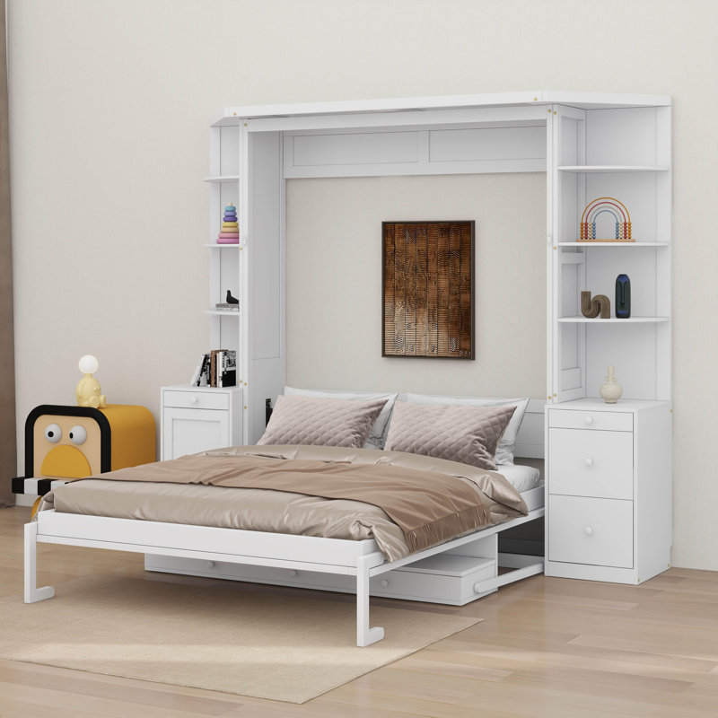 Grand lit escamotable avec bureau, tablettes de rangement et armoires, Blanc