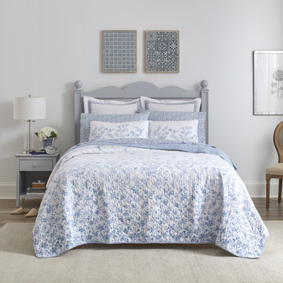 Ensemble de courtepointe réversible en coton bleu Flora de Laura Ashley