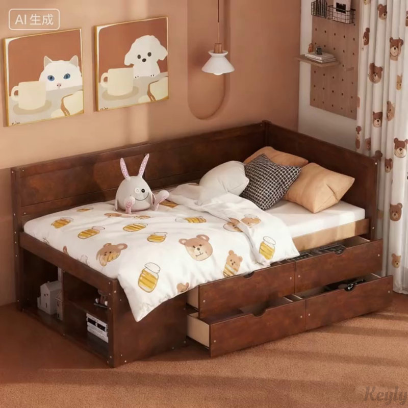 Elegant Daybed with Drawers and Shelves, Space-Saving and Stylish for Modern Living and Organization., Walnut, Twin