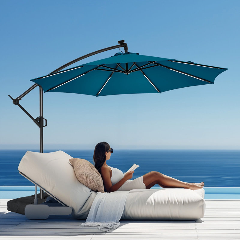 Parasol en porte-à-faux de 120 po, parasol de patio suspendu décalé de 10 pi avec 32 lumières DEL et inclinaison facile, abat-jour de parasol extérieur commercial pour la cour, la piscine, la plage et le jardin