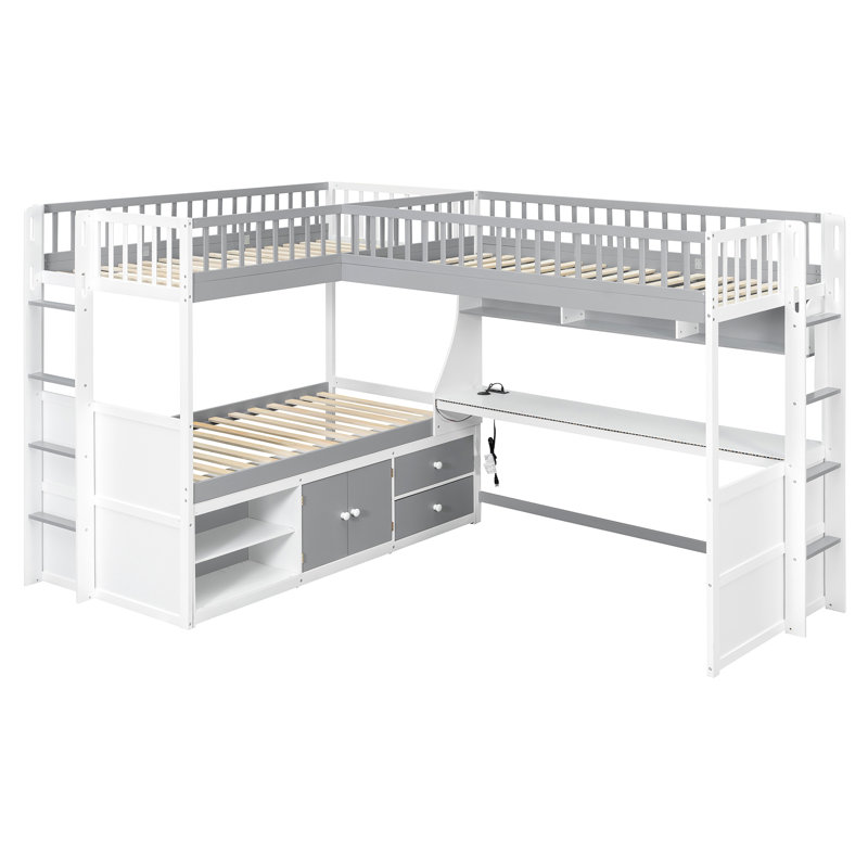 Lit superposé en L pour 3 personnes avec bureau intégré, port de chargement USB, lampe à DEL, étagères de rangement, armoire et tiroirs - GRIS