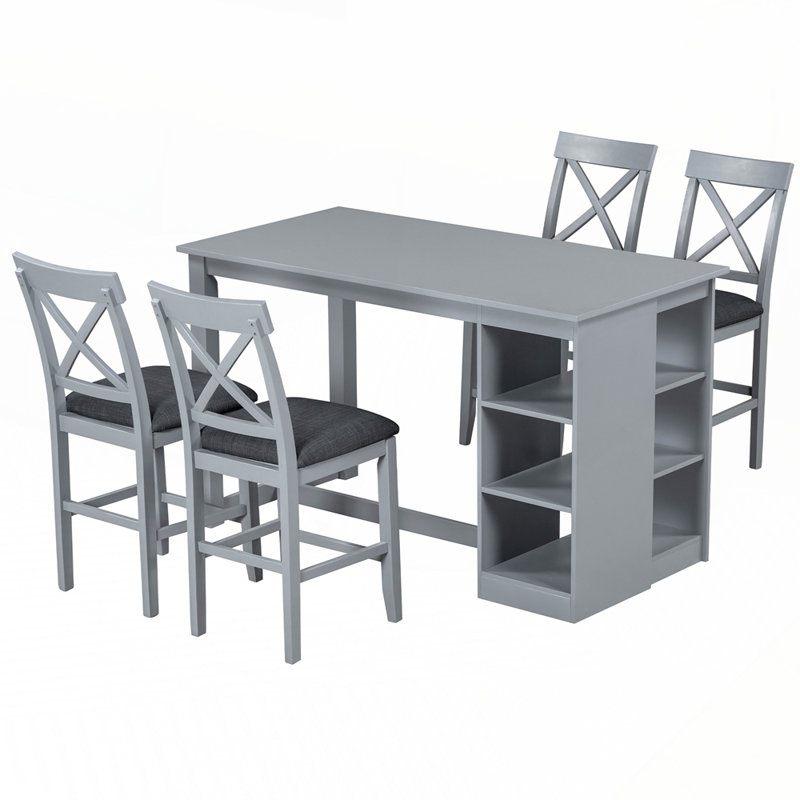 Counter Height Dining Table Set with Upholstered Dining Chairs for 4, Grey/Grey, Black/Grey