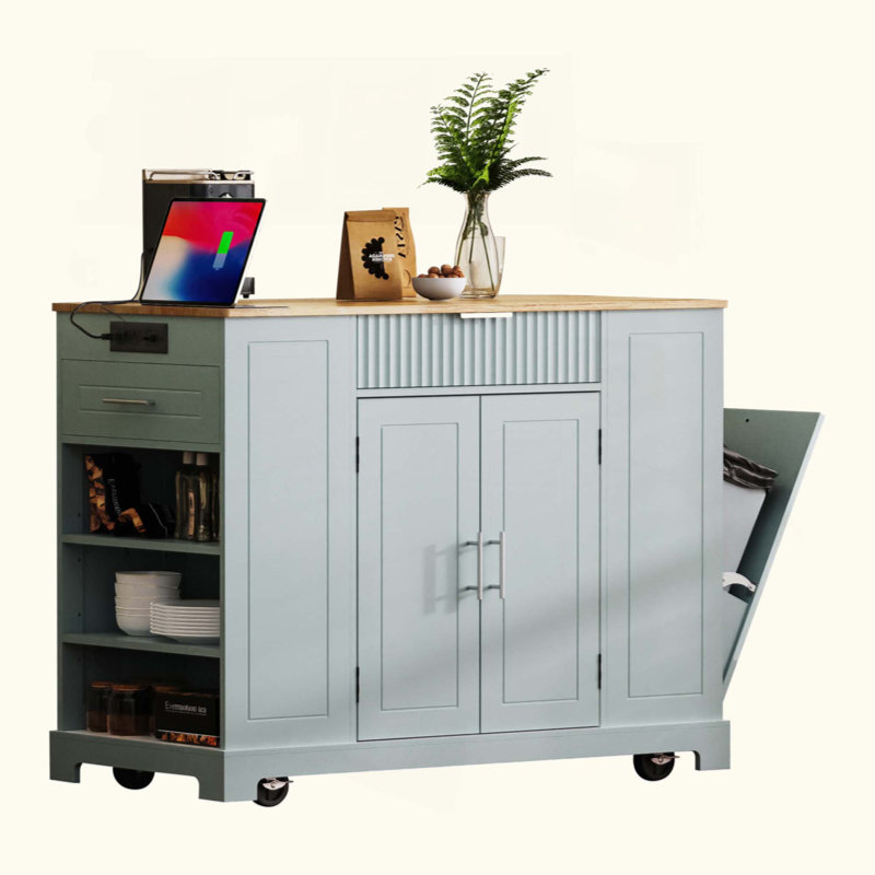 Kitchen Island With Trash Can Storage Cabinet, Power Outlet, Internal Storage Rack, Rolling Kitchen Islands On 5 Wheels With 3 Drawer, 3 Open Side Racks For 10 Gallon Garbage Bin