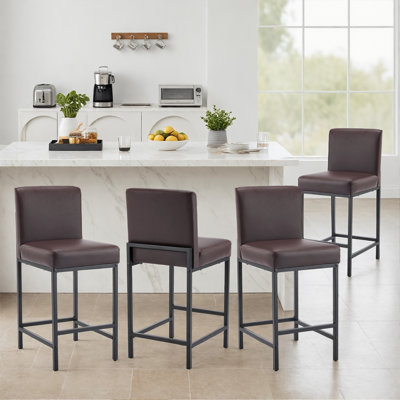 Bar Stools Set Of 2, 24'' Tall Barstools, Counter Height Bar Stools With Back Support, Faux Leather, Metal Legs, Upholstered Seat Cushion Modern Barstool, Use For Kitchen Island Home Bar