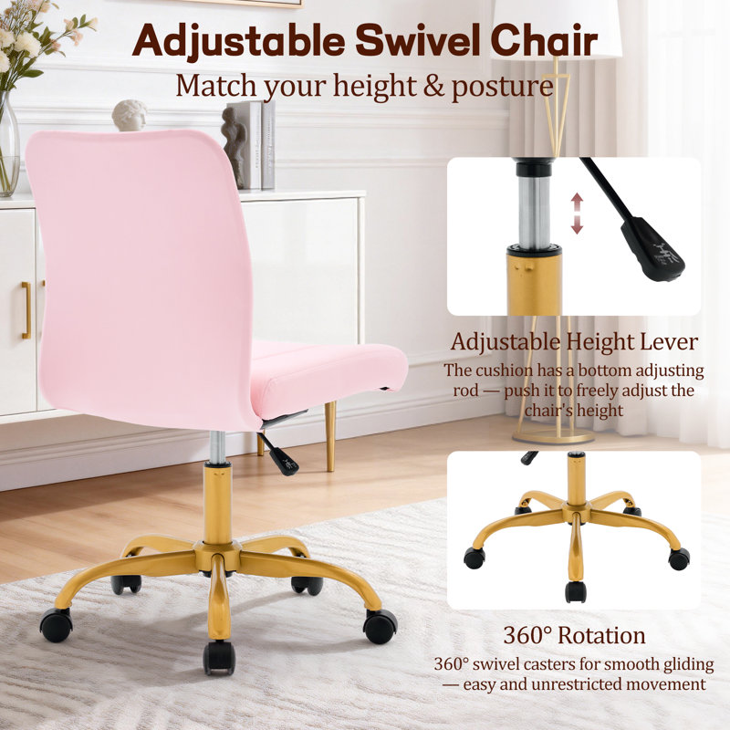Office Chairs,360°Swivel Vanity Chair with Wheels，Adjustable Velvet Task Chair，Modern Armless Desk Chair for Living Room，Office