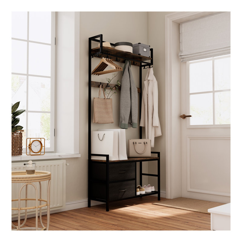Wide Hall Tree with 2 Movable Drawers, Shoe Storage, Shelves and Garment Racks, 5-in-1 Entryway Bench with 23 Hooks (Fixed and Movable)