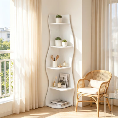 Présentoir de coin moderne incurvé moderne, bibliothèque autoportante en forme de S à 5 niveaux, organisateur de rangement multi-usages pour salon, chambre à coucher, salle de bain, bureau à domicile
