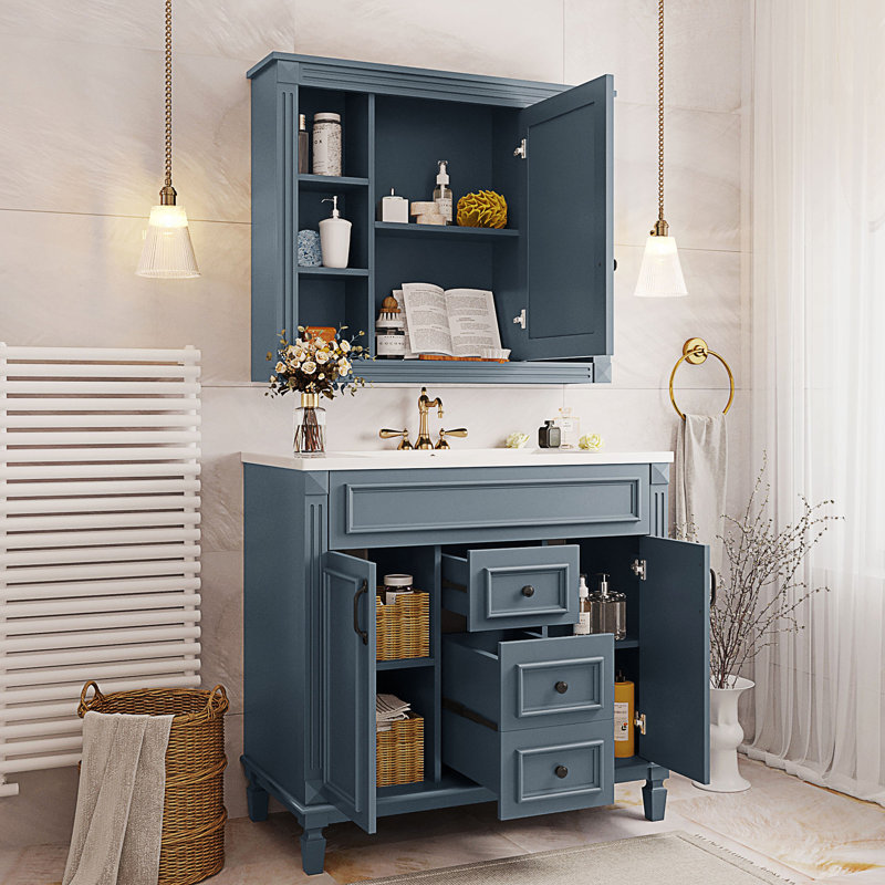 Meuble-lavabo de salle de bain avec lavabo supérieur, armoire à miroir, armoire de rangement moderne avec 2 portes à fermeture douce et 2 tiroirs