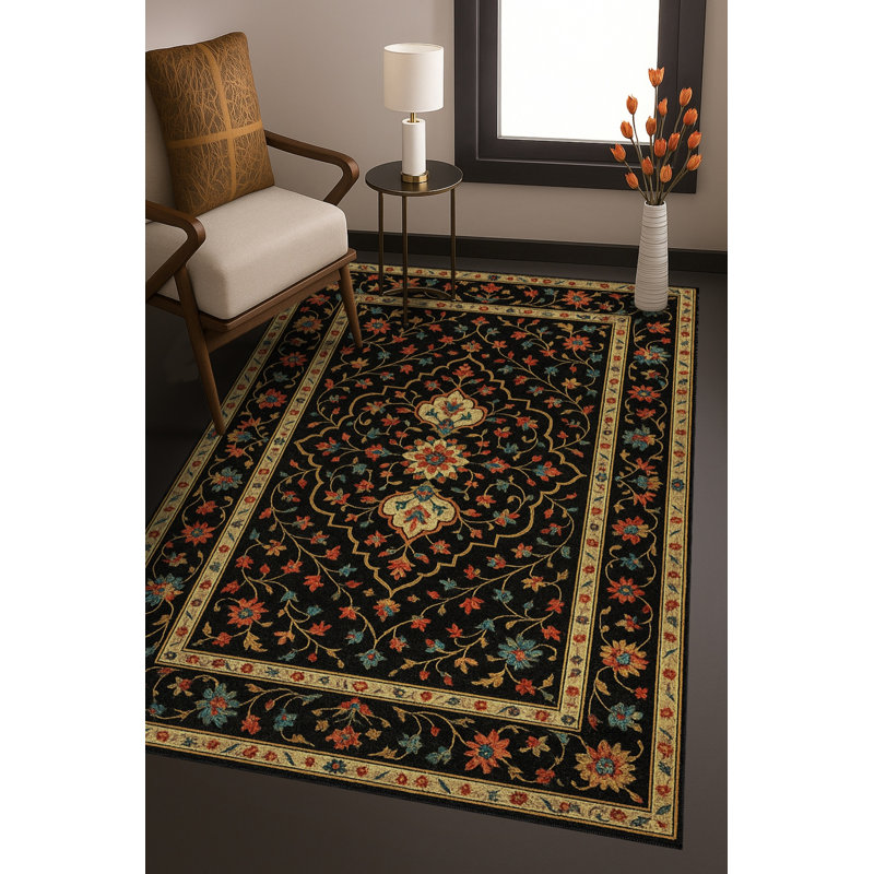 Tapis noir tissé à motif lavable traditionnel Mosso, 2' x 2'11"