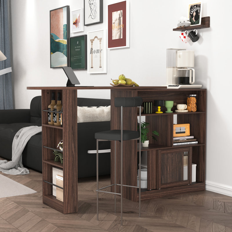 62" Wide Folding Dining Table With Rotating Top, Counter Height Table With Side Storage Cabinet, Bar Table For Kitchen Island,Walnut