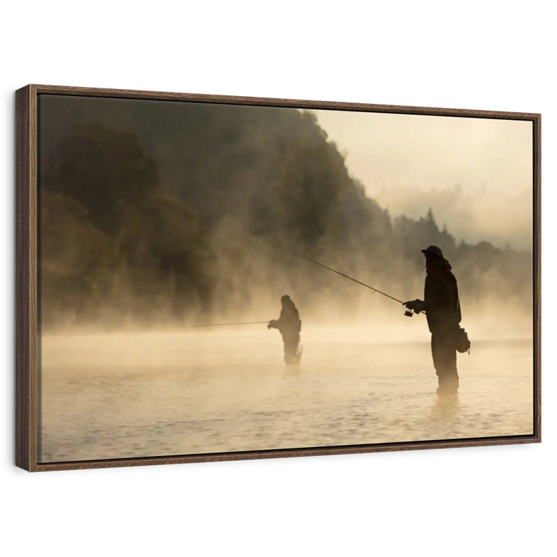 Pêche à la mouche dans la rivière Foggy, 19 po x 13 po, Cadre flottant noyer