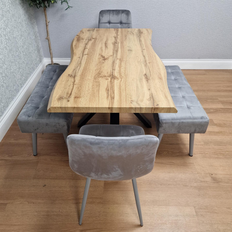 Wooden Brown Dining Table with 2 Velvet Chairs and 2 Grey Padded Benches, Dining Room Furniture, 75cm H x 117cm W x 77cm D