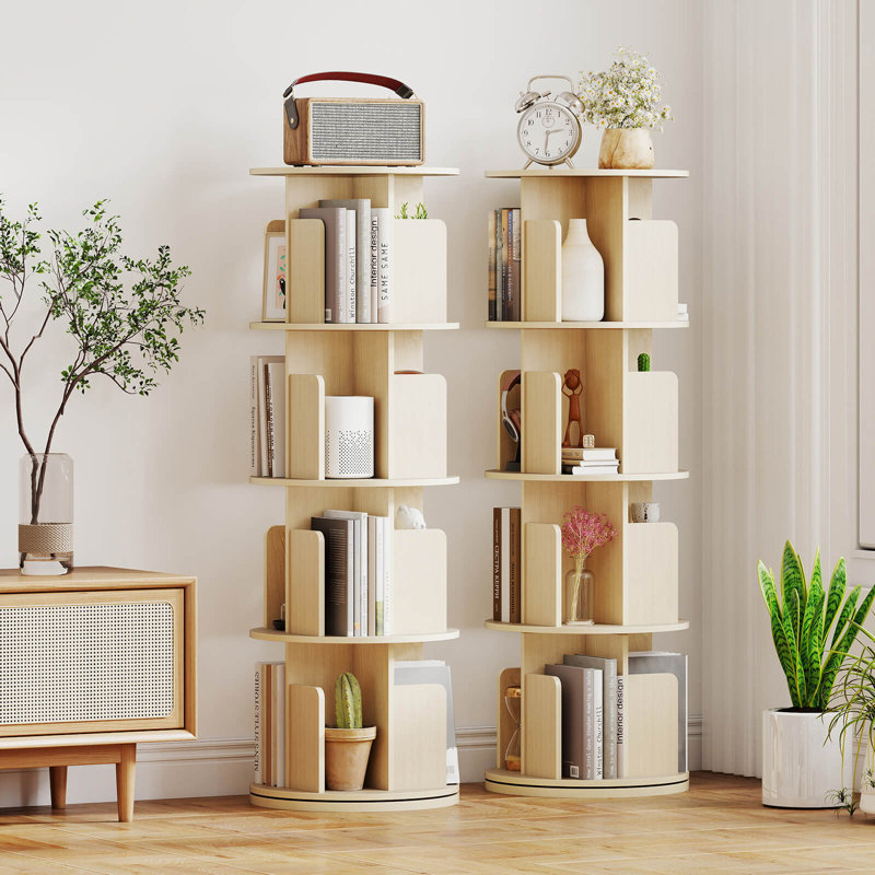 1 PCS 4-Tier Rotating Bookshelf 360° Display Rack with Dividers & Anti-falling Baffles Natural, Natutal
