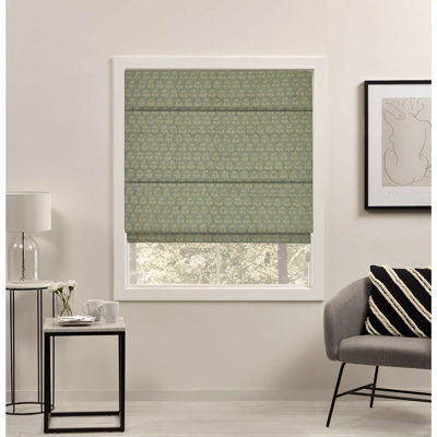  Black 100% Blackout Stripted Block Print Thick Linen Roman Shade for Window Treatments, Blinds Corded Cozy Soft Fabric for Elegant Room Darkening, Damru