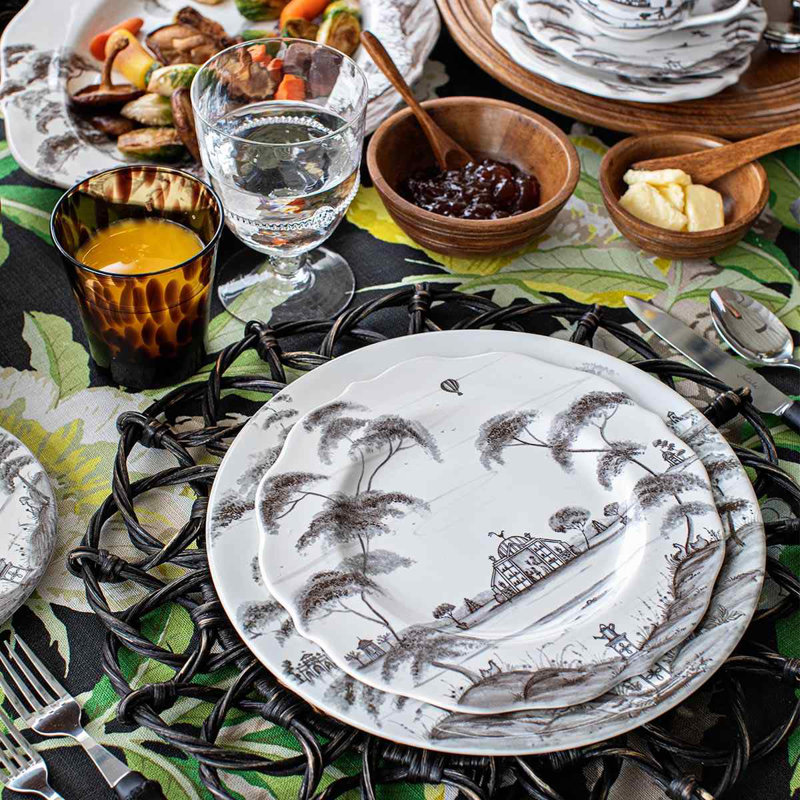 Flint Gray and White Ceramic Dinner Plate with Hand-Painted Design