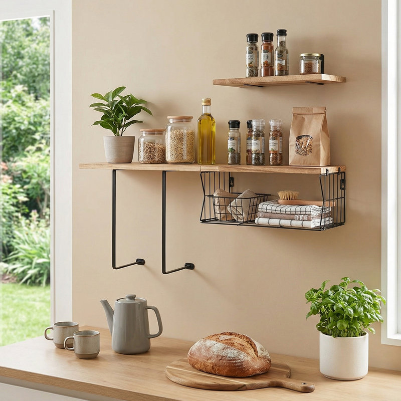 3 Piece Wood Bracket Shelf, Natural Wood