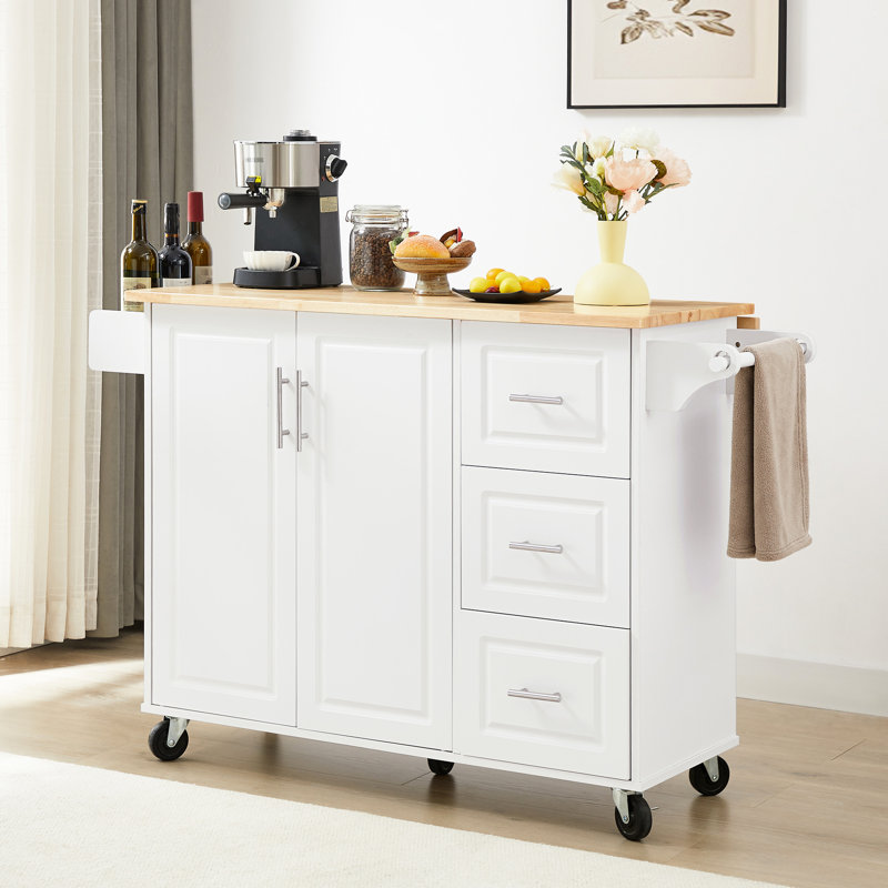 Chariot pour îlot de cuisine roulant avec comptoir à abattants et armoire de rangement, rangement interne blanc, étagère à épices ouverte, extensible
