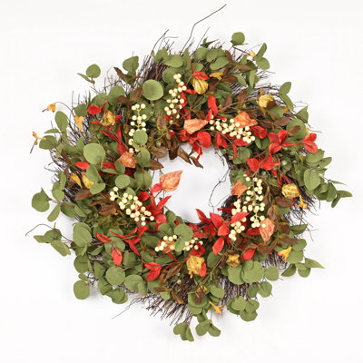 24" Artificial Farmhouse Twig Thanksgiving Day Harvest Blossom Cluster Eucalyptus Berry Fall Front Door Wreath