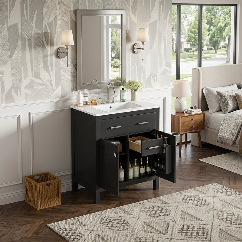 Meuble-lavabo 30 po avec lavabo en céramique, armoire de salle de bain simple noire moderne avec 2 portes et une tablette, portes à fermeture douce