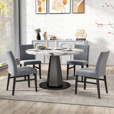 Cavira 5-Piece Modern Dining Set, Off-White Faux Marble Dining Table With Four Chairs, Gray