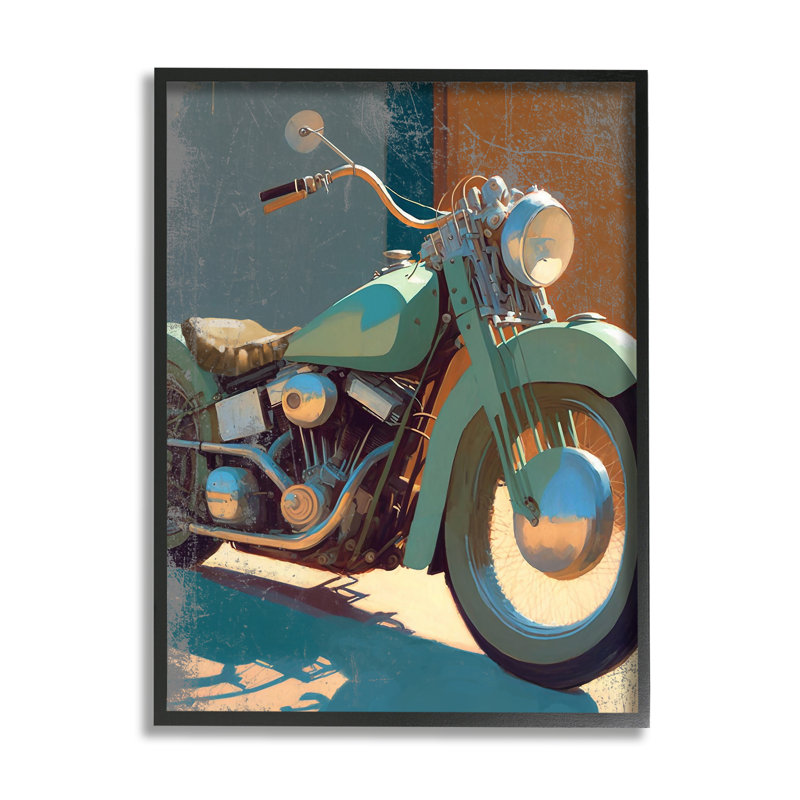 Motocyclette rustique verte encadrée sur bois, Giclée encadrée noir minuit, H 20 po x l 16 po x P 1,5 po