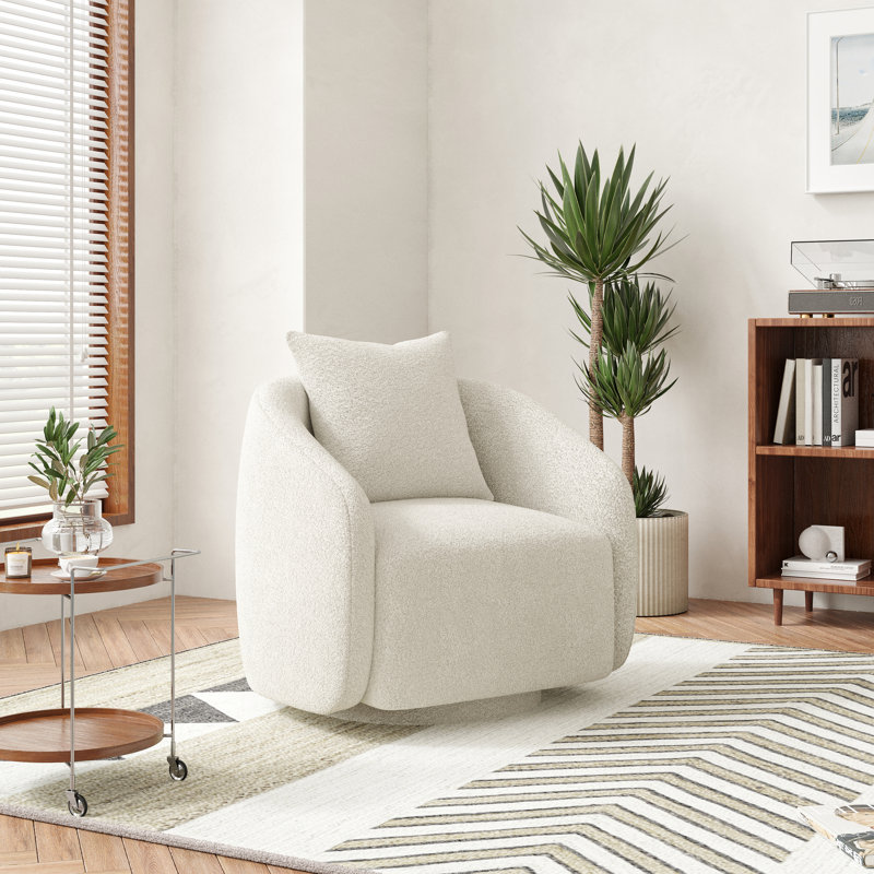 Bashar Upholstered Swivel Barrel Chair, White, 25.5" H x 28.5" W x 24.6" D