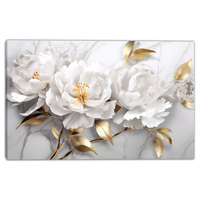 Golden Bloom Symphony - art mural floral 3D sur toile, H 24 po x l 36 po