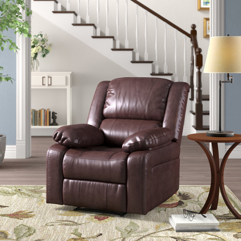 Arland Contemprary Faux Leather Pillow Back Recliner, Brown Leather Match