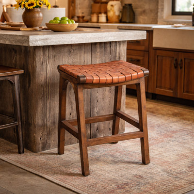 Rustic Solid Wood Stool With Saddle Brown Braided Leather Seat