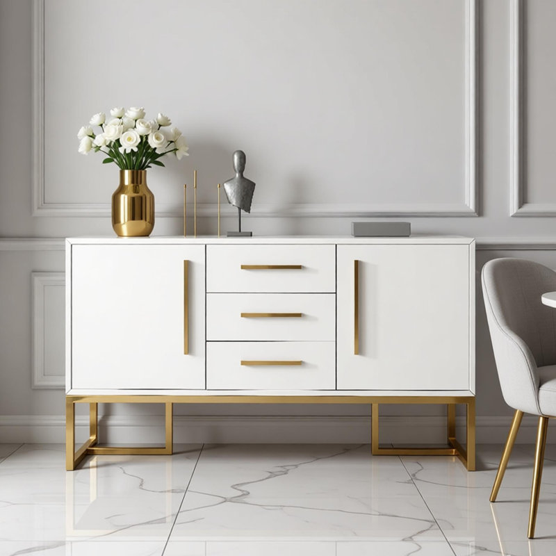 Armoire d'appoint avec rangement de style luxueux, H 33,46 po x l 47,24 po x P 15,75 po, Doré / Blanc