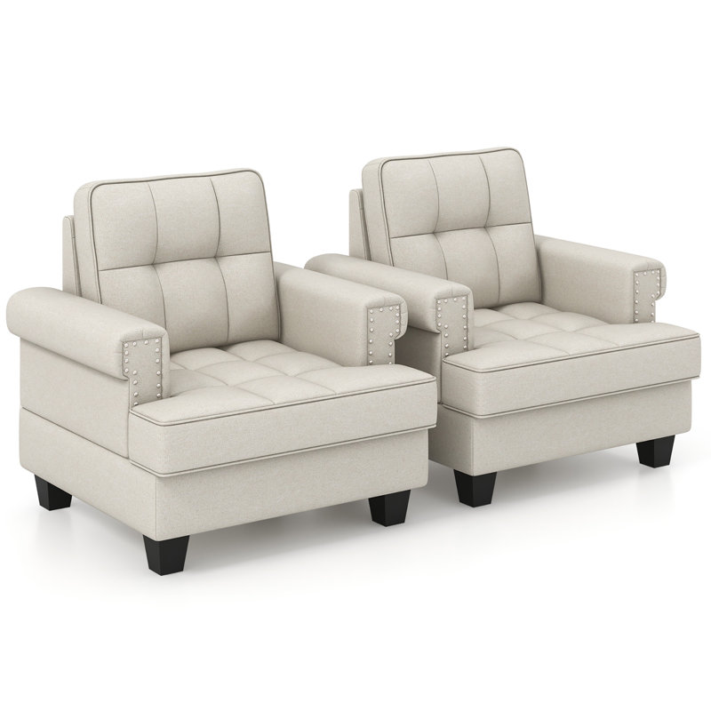 Latitude Run® 2 Pcs Mid-century Modern Accent Armchair With Thick Pillow & Cushion Studded Chair, Beige Fabric