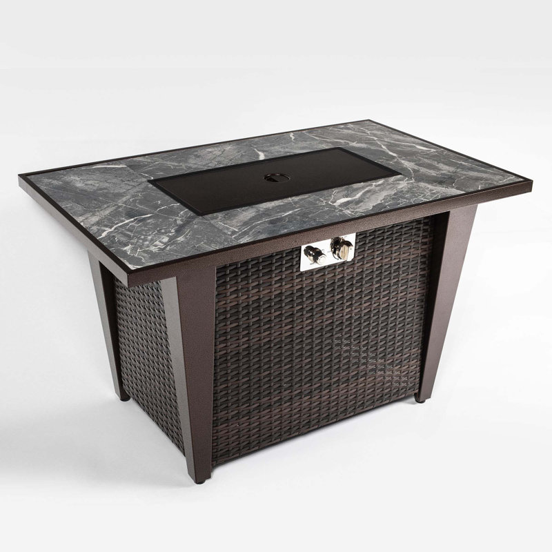 42inch Rattan Fire Pit Table with Ceramic Tile Tabletop,Glass Wind Guard and Rain Cover,Lid