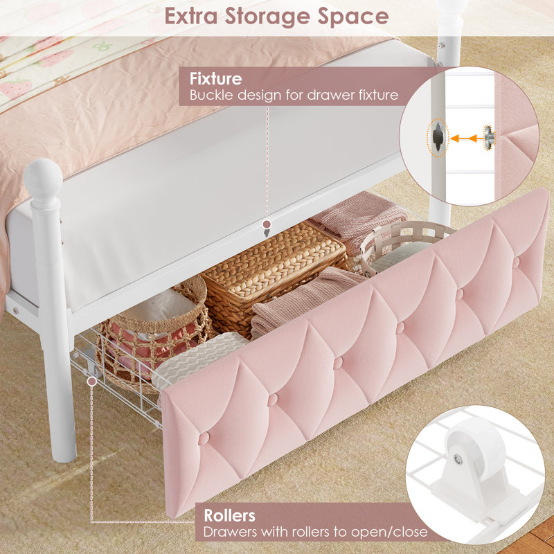 Metal Canopy Storage Bed with LED and USB Charging, Twin, Pink